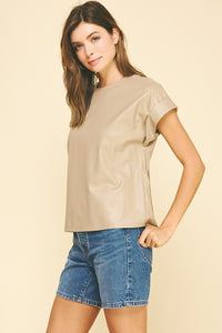 Taupe Leather Cap Slv Top
