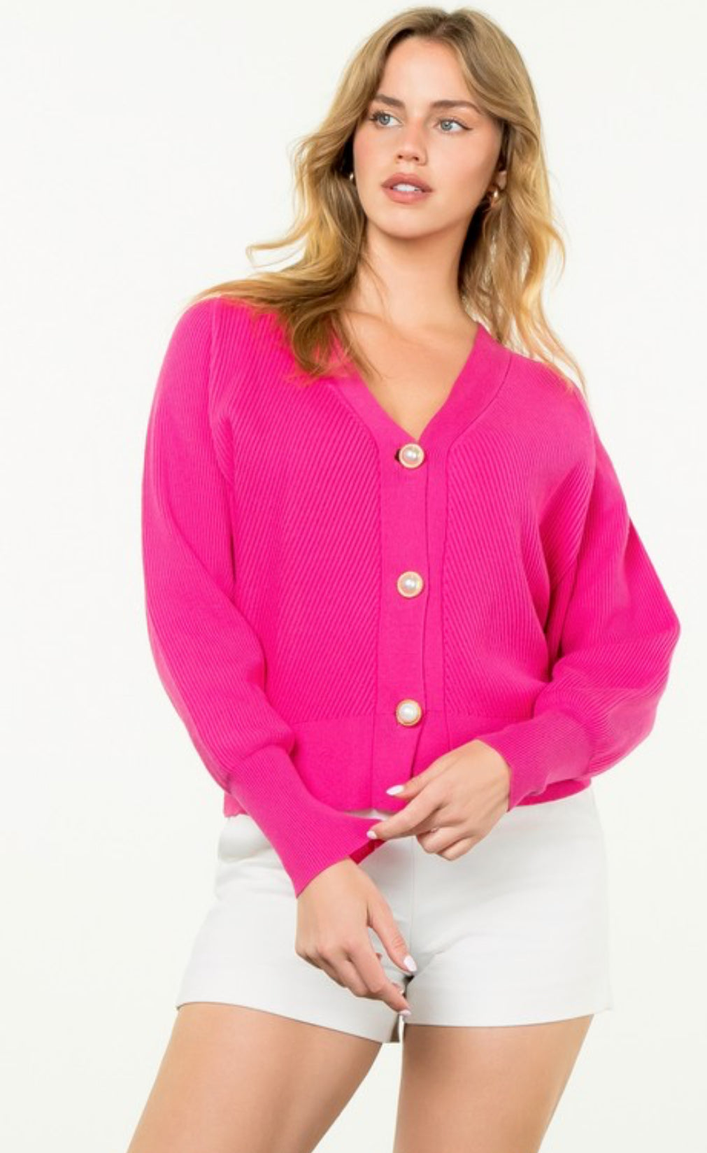 Fuchsia V-Neck Pearl Cardigan