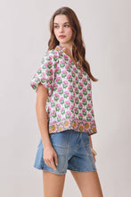 Load image into Gallery viewer, Pink Floral Print Bubble Slv Split Neck Top