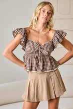 Load image into Gallery viewer, Brown Plaid Gingham Bow Frnt Ruffle Top