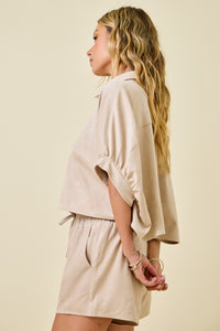 Ecru Suede Button Cropped Shirt + Shorts Set
