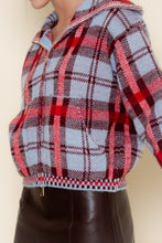 Load image into Gallery viewer, Blue Multi Plaid Knit Zip Sweater