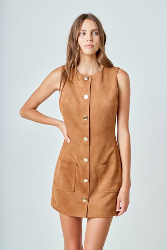 Camel Slvls Faux Suede Gold Button Mini Dress