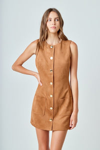 Camel Slvls Faux Suede Gold Button Mini Dress