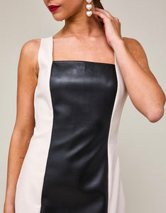 Black/White Colorblock Faux Leather Dress