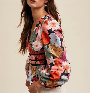 Black Floral V-Neck Contrast Blouse