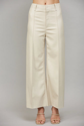 Ecru Tuck Detail Leather Flare Pants