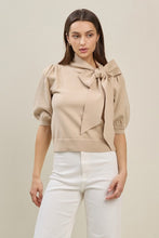 Load image into Gallery viewer, Taupe Bow Tie Puff Slv Sweater Top