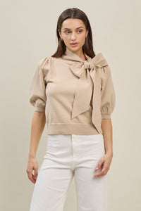 Taupe Bow Tie Puff Slv Sweater Top