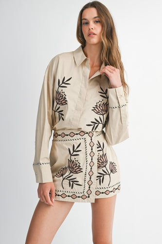 Taupe Embroidered Button Down Shirt + Skirt Set