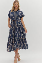 Load image into Gallery viewer, Navy Printed Button Down Tie Waist Dress