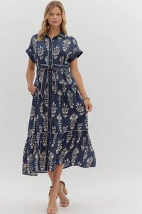 Navy Printed Button Down Tie Waist Dress
