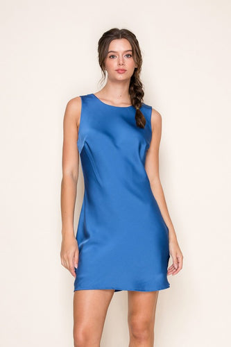 Deep Blue Satin Draped Back Mini Dress