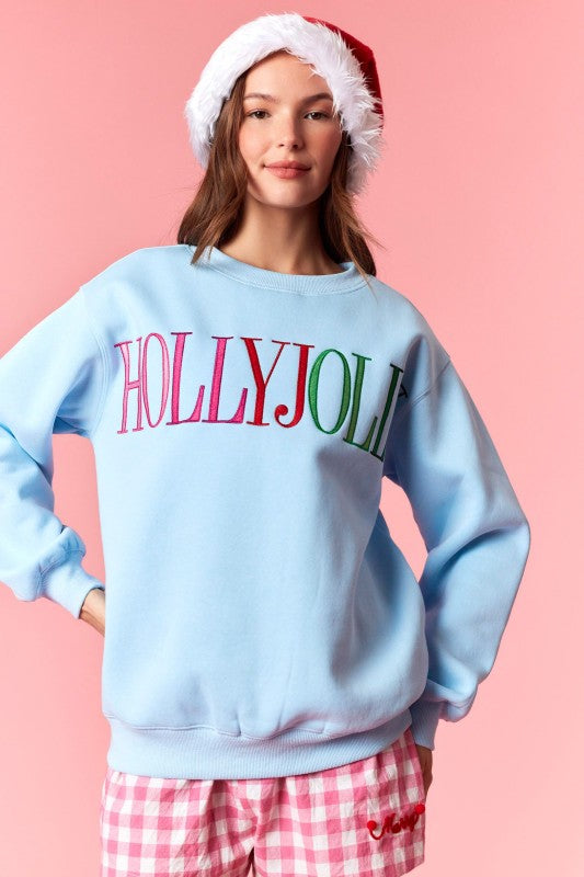 Lt. Blue Holly Jolly Letter Fleece Sweatshirt