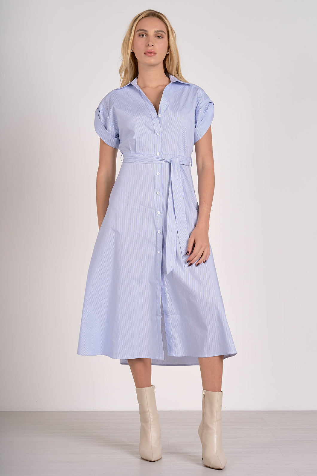 Blue Striped SS Collared Button Midi Dress