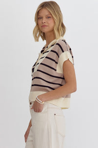 Cream Multi Colorblock Striped SS Top w/ Zipper