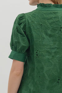 Green Floral Textured Puff Slv Top