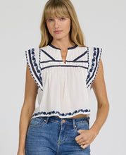 Load image into Gallery viewer, DJD White/Blue Embroidered Flutter Slv Top