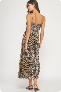 Zebra Print Pleated Satin Midi Dress