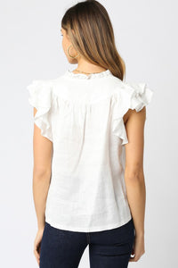 White Linen Split Neck Ruffle Slv Top