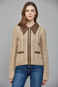 Taupe Contrast Leather Trim Frnt Zip Sweater