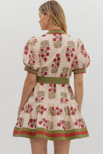 Load image into Gallery viewer, Ecru/Green Printed Tie Frnt Puff Slv Dress
