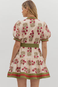 Ecru/Green Printed Tie Frnt Puff Slv Dress