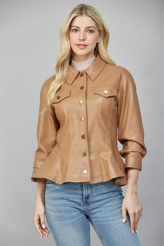 Cinched Sleeve Peplum Leather Jacket