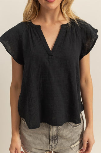 Black Flutter Slv Cotton Top