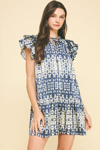 Dusty Navy Printed Ruffled Slv Dress