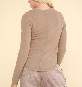 Taupe Soft LS Brushed Ribbed Knit Top