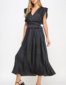 Black Pleated Long Satin Dress