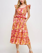 Load image into Gallery viewer, Orange Multi Floral Piping Midi Dress