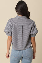 Load image into Gallery viewer, Black/White Gingham Button Puff Slv Top