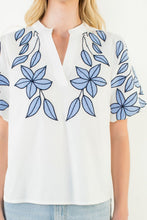 Load image into Gallery viewer, White Puff Slv Blue Floral Embroidery V-Neck Top (THML)