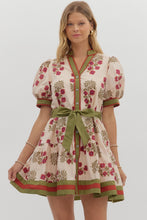 Load image into Gallery viewer, Ecru/Green Printed Tie Frnt Puff Slv Dress