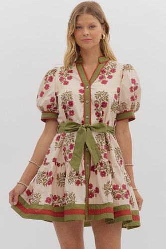 Ecru/Green Printed Tie Frnt Puff Slv Dress