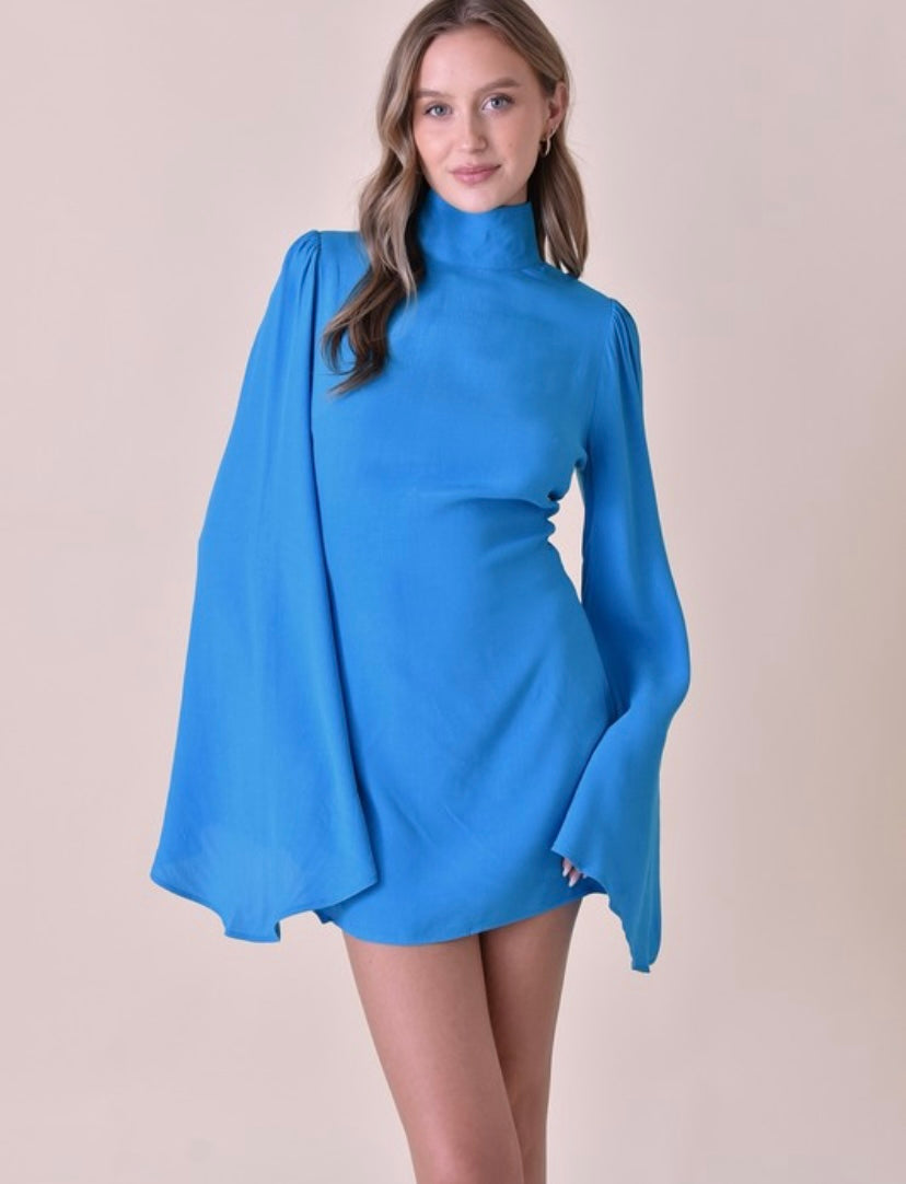 Blue mock neck drama sleeve dress