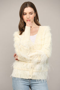 Cream Feather Trim Wool Blend Cardigan