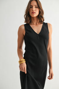Black Satin V-Neck Maxi Dress