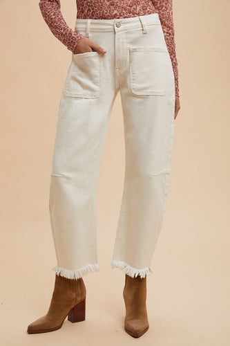 Ivory Fray Hem Slim Barrel Leg Jeans