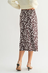 Brown/Ivory Abstract Print Satin Midi Skirt