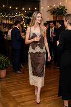 Load image into Gallery viewer, Mocha Satin/Lace Top + Skirt Set
