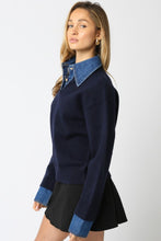 Load image into Gallery viewer, Denim Contrast Gold Button Sweater Navy