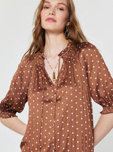Load image into Gallery viewer, Cocoa Polka Dot Ruffled SS Tie Top