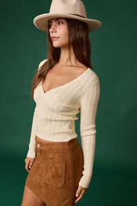 Cream Stretchy V-Neck LS Scallop Top