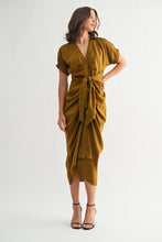 Load image into Gallery viewer, Golden Brown Satin Dolman Slv Tie Frnt Dress