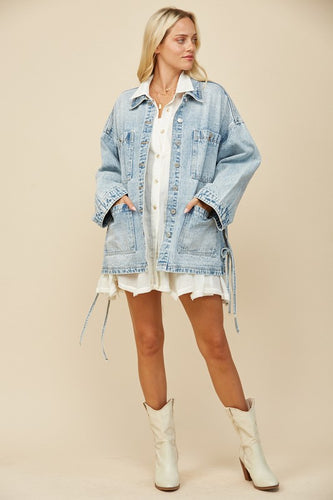 Denim Oversized Jacket With Side Ties