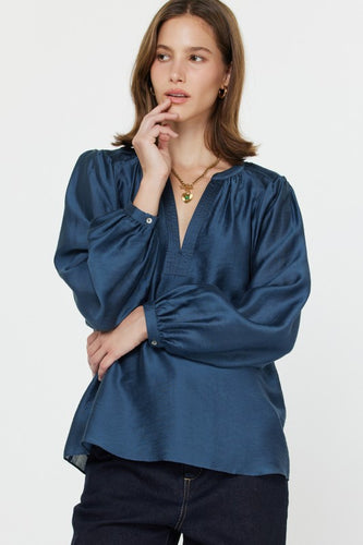 Sapphire Blue LS Split Neck Blouse