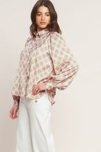 Load image into Gallery viewer, Silky Printed Button LS Blouse Ivory/Pink
